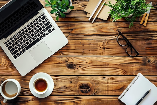 a laptop and a cup of tea on a wooden table