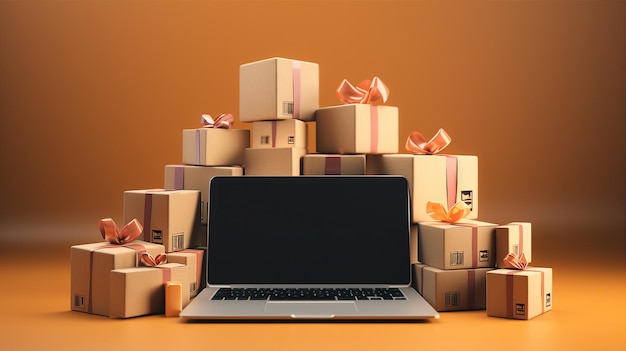 Laptop and delivery boxes online shop purchase marketplace