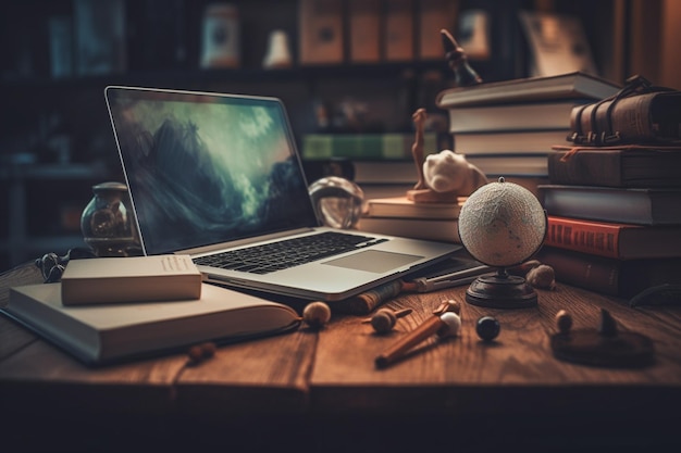 A laptop on a desk with books and a book on it