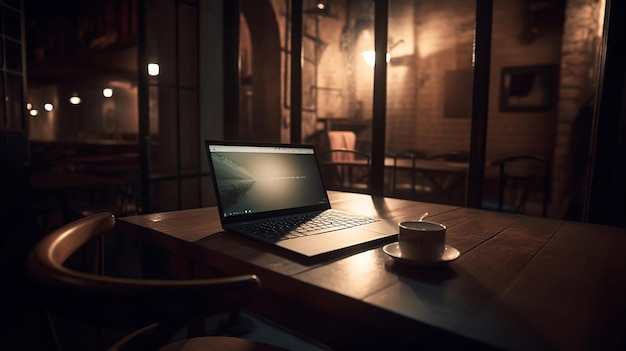 A laptop on a desk with a cup of coffee on it.