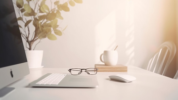 A laptop on a desk with a cup of coffee and a plant on the wall