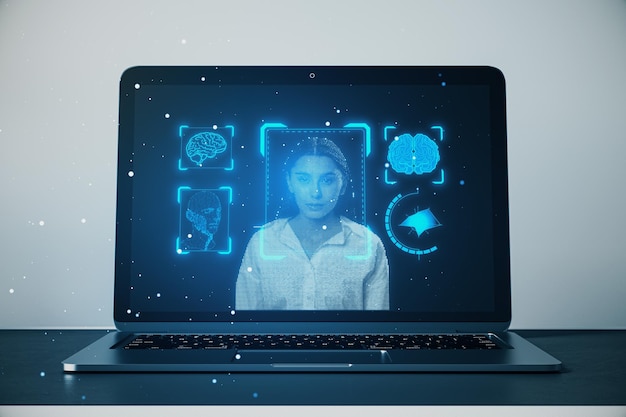 laptop on desk with face recognition hologram on light background face id and password concept 3d rendering