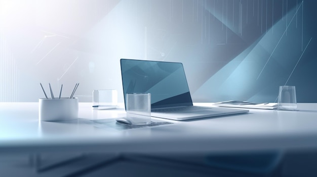 A laptop on a desk with a glass of water on the left side.