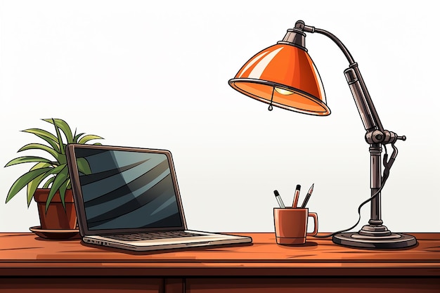 a laptop on a desk with a lamp and a cup of coffee