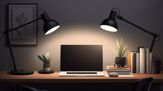 A laptop on a desk with a plant on the table next to it.