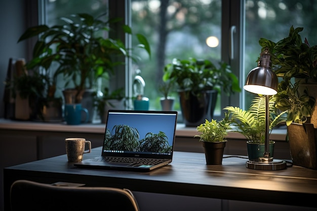 Laptop on a desk with a potted plant in the background