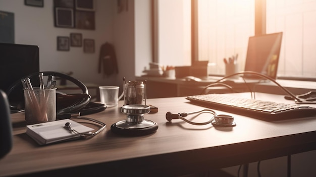 A laptop on a desk with a stethoscope on it