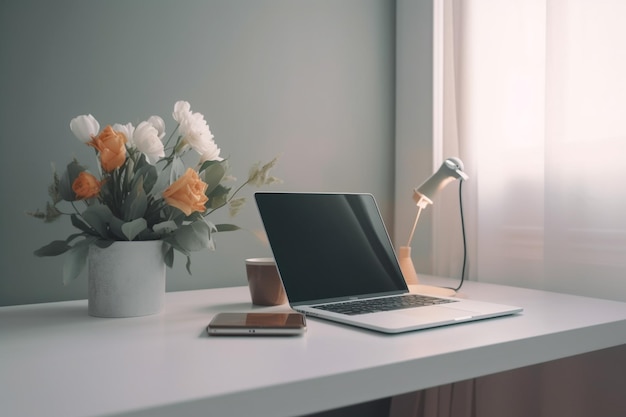 A laptop on a desk with a vase of flowers next to it.