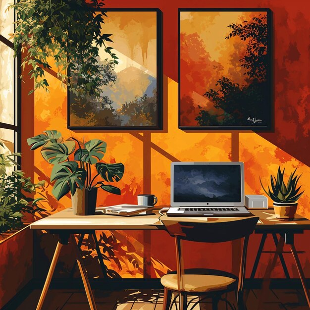 Laptop desk with wall art