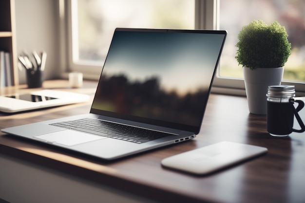 A laptop on a desk with a window behind it