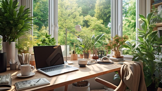 A laptop on a desk with a window behind it