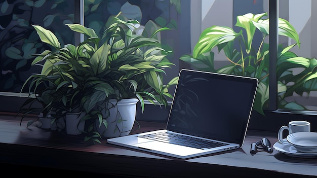 laptop display with plants and flowers greenery on light wooden Generative AI