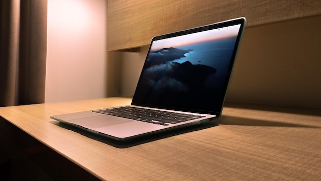 Laptop display on the wood table