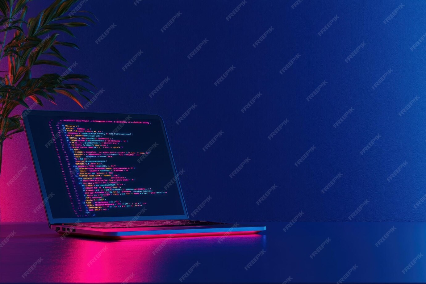 A laptop displaying colorful code against a blue and pink backdrop ...