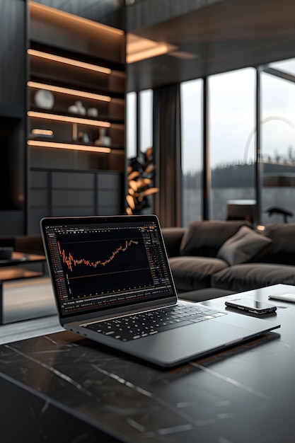 Photo laptop displaying the market evolution graphs and controlled by a financier at home investment