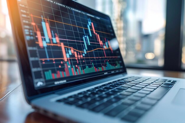 Laptop displaying stock charts and graphs