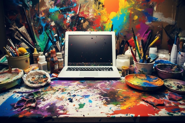 Laptop on a drafting table with art supplies