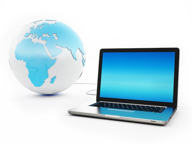 Laptop next to earth globe on white background