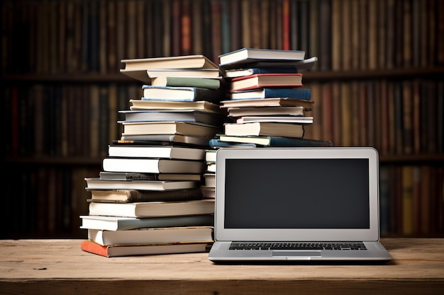 Laptop en boeken stapel op het bureau