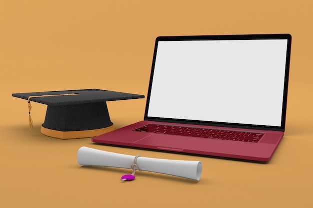 Laptop en certificaat rechts op gele achtergrond