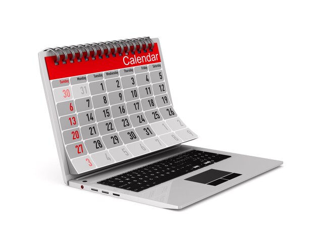 Laptop en kalender op witte achtergrond. Geïsoleerde 3D-afbeelding