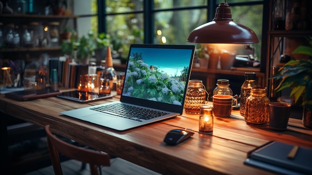 Laptop en koffie in het café.