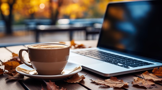 Laptop en koffie op tafel.