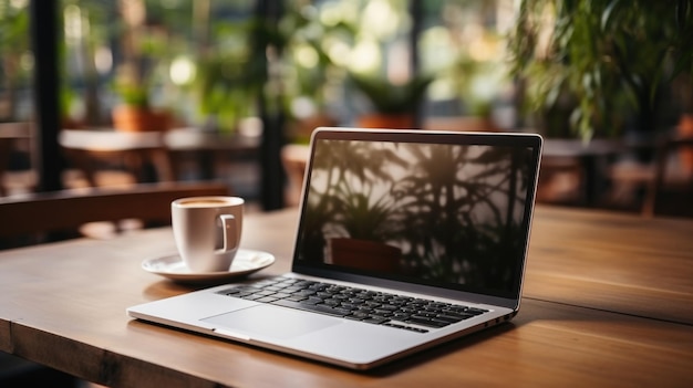 Laptop en koffiekopje op houten tafel in coffeeshop Generatieve AI