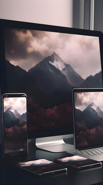 Foto laptop en mobiele telefoon in een kamer met bergen op de achtergrond