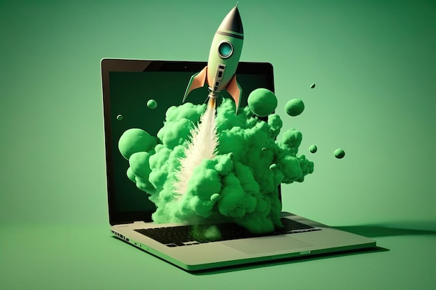 Laptop en raket illustratie groene achtergrond Generatieve AI