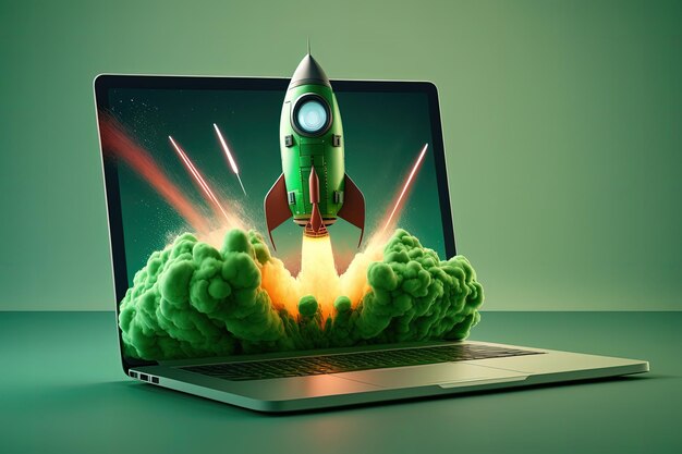 Laptop en raket illustratie groene achtergrond Generatieve AI