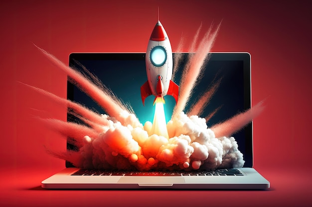 Laptop en raket illustratie rode achtergrond Generatieve AI