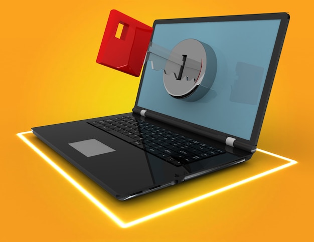 Laptop en sleutel, veiligheidsconcept. 3d illustratie