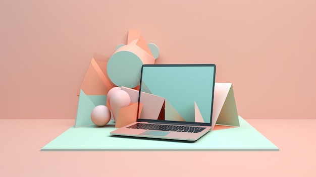 Laptop en verschillende geometrische objecten mockup achtergrond 3D