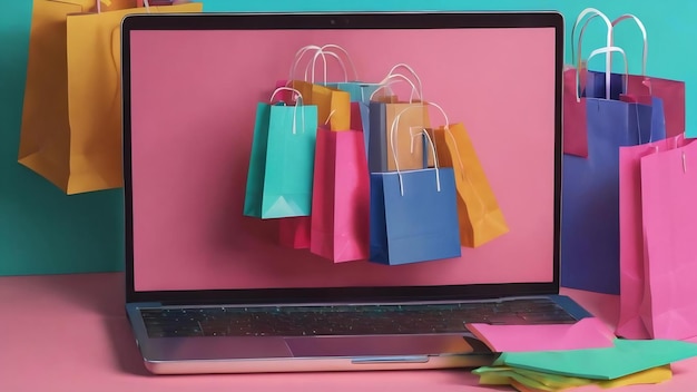 Laptop en winkeltassen online winkelen concept