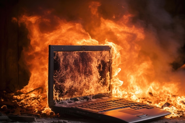 Laptop on fire Burning lap top