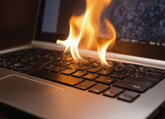 Foto laptop in fiamme con fiamme intense