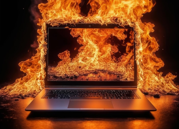 Foto laptop in fiamme con fiamme intense