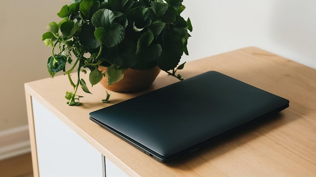 Laptop next to flower pot