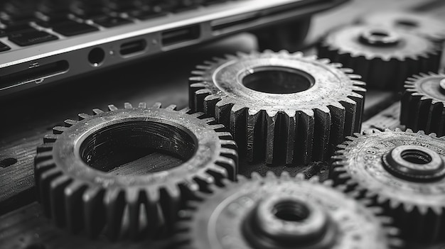 Laptop next to gear wheels