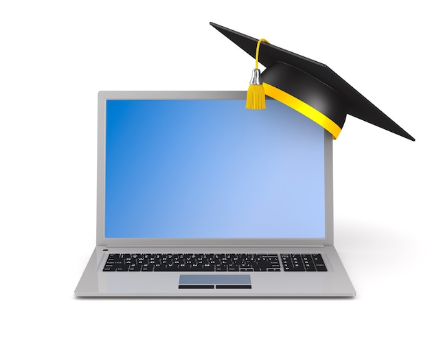 Laptop and graduation cap on white background. Isolated 3D illustration