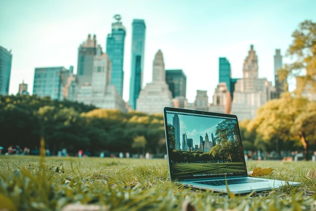 Foto laptop sull'erba in un grande parco cittadino edificio alto sullo sfondo