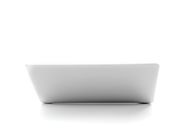 Laptop gray metalic sliver colour notebook in backside view open cover on the white background Clipping Path