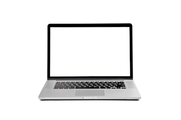 Laptop gray metalic sliver colour notebook in front side view open cover on the white background. laptop hardware and white screen Clipping Path.