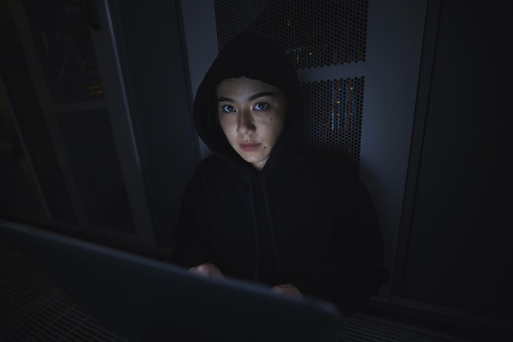 Photo 筆記型電腦黑客和伺服器與女性肖像 編碼軟件和網絡安全 勒索軟件欺詐和開發者與女孩程序員 黑客數據庫網絡和數碼犯罪