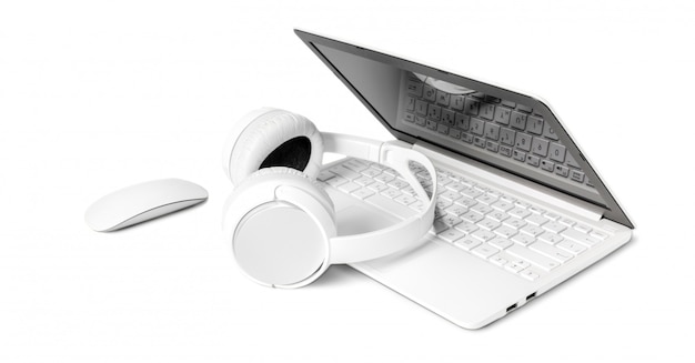 Laptop and headphone isolated on white