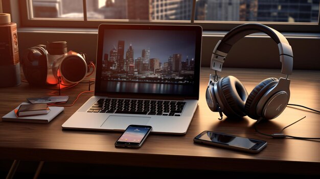 Photo a laptop headphones and cell phone on a table