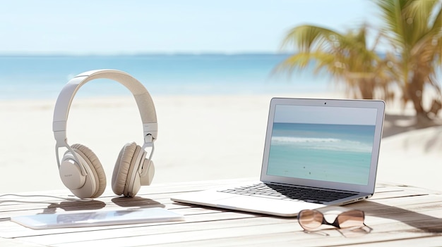 Of laptop and headphones on a serene beach remote work travel tips