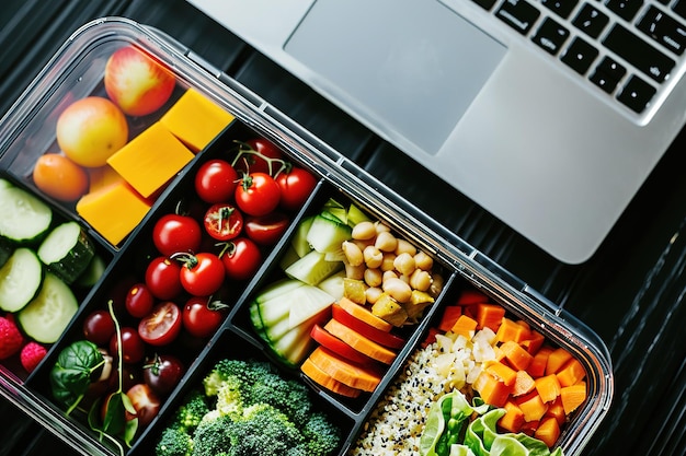 Laptop and healthy food in a lunch box