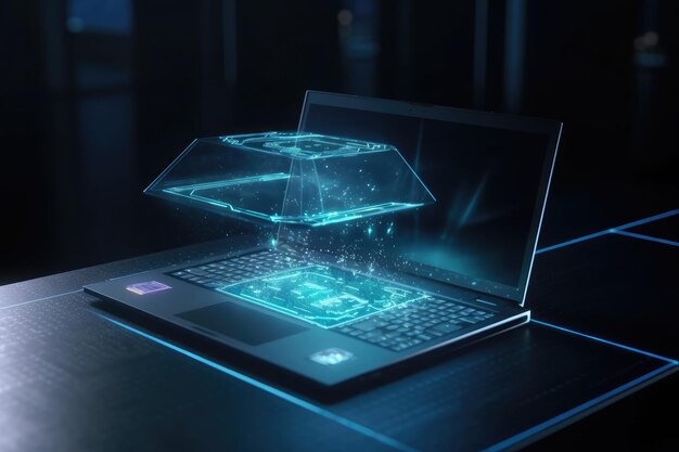 Laptop hologram in the air projecting a 3D interface with translucent keys and a floating display